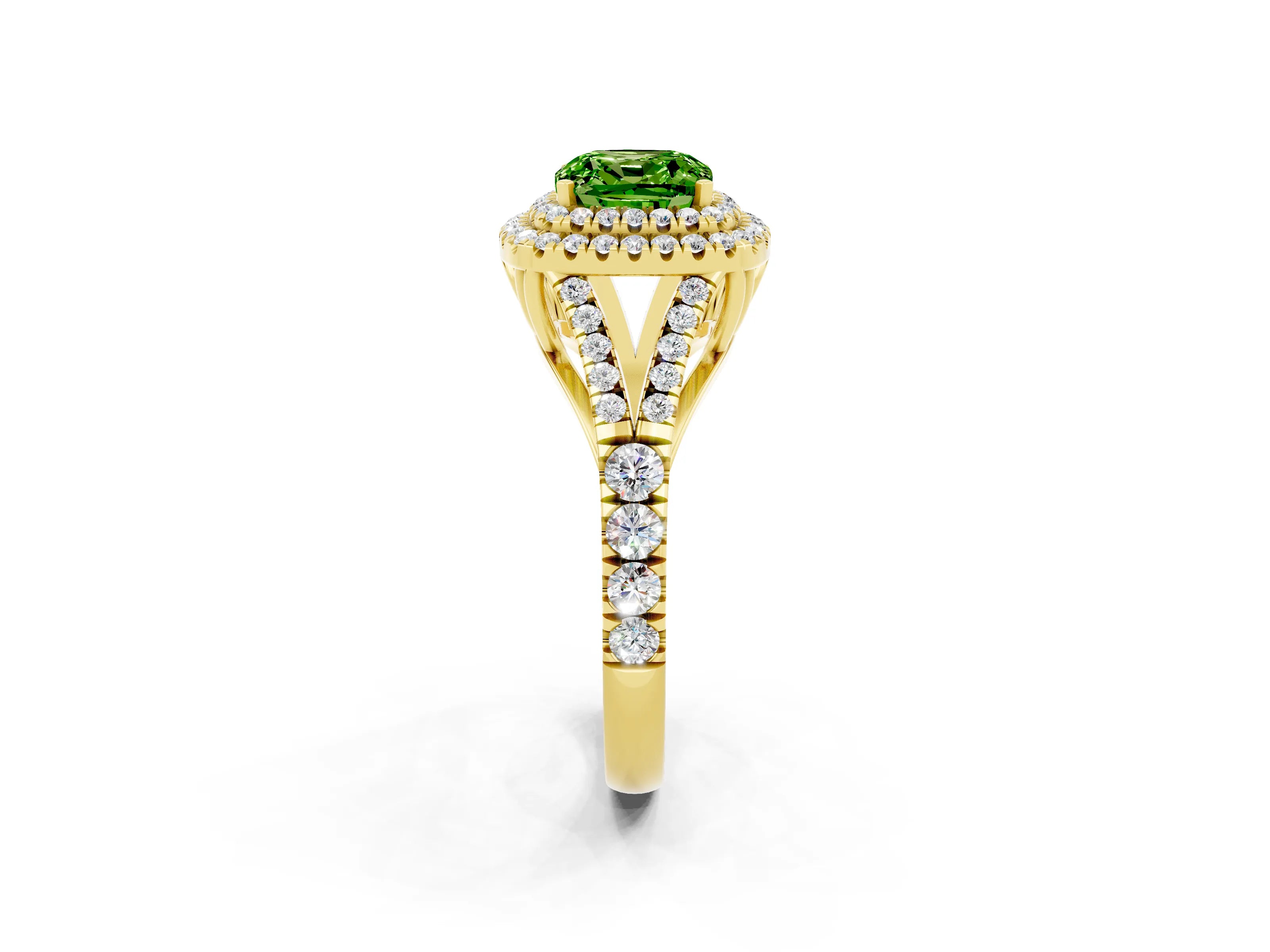 Yellow gold Double Halo Cushion Cut Peridot Pavé Split Shank Ring with Prong Setting_2
