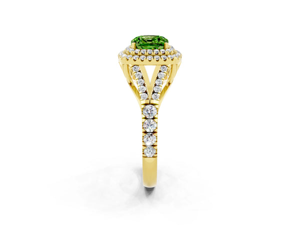 Yellow gold Double Halo Cushion Cut Peridot Pavé Split Shank Ring with Prong Setting
