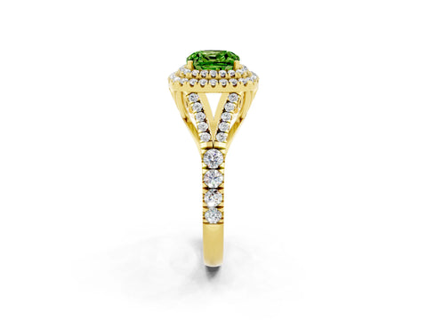 Yellow gold Double Halo Cushion Cut Peridot Pavé Split Shank Ring with Prong Setting_2
