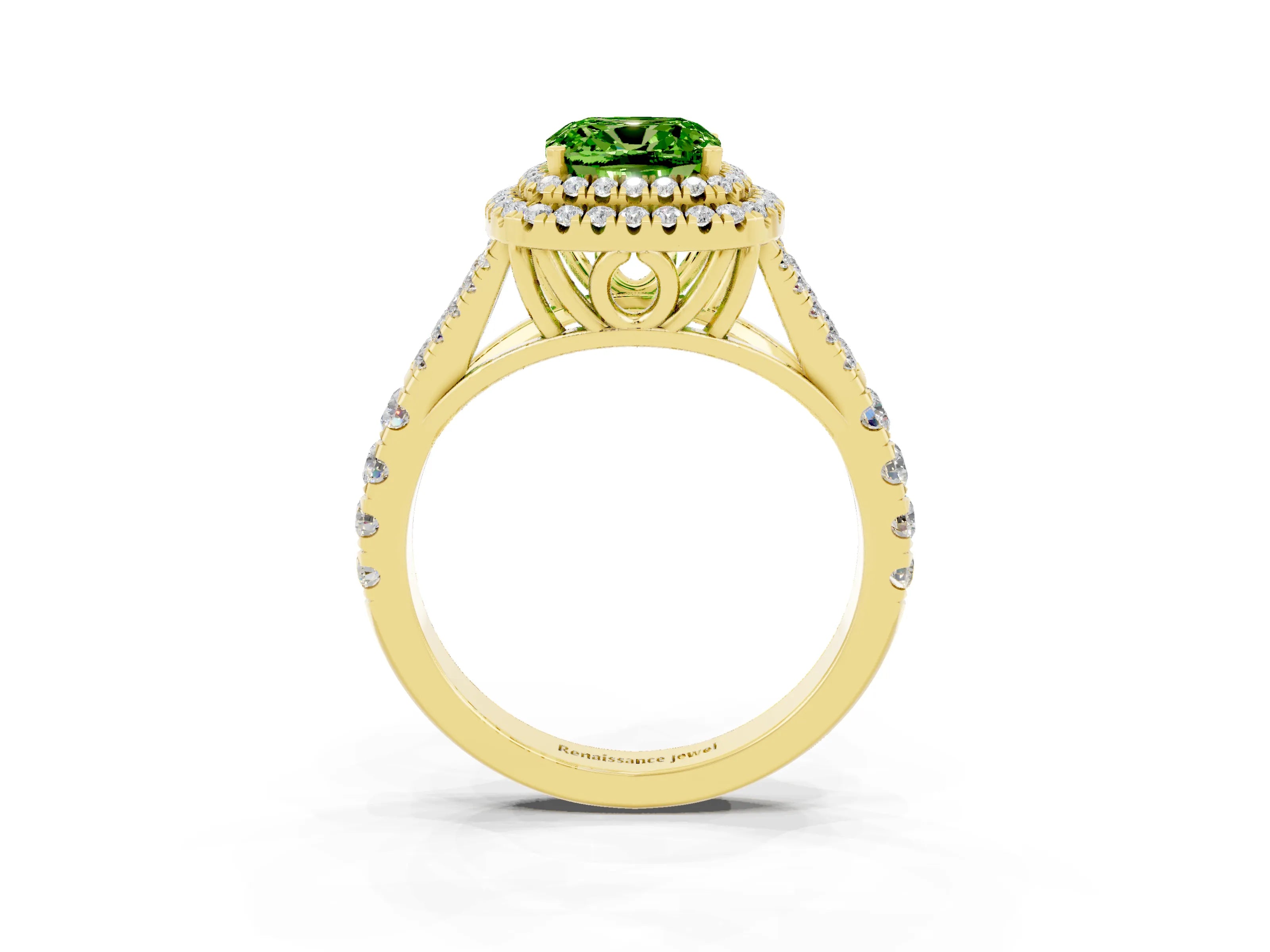 Yellow gold Double Halo Cushion Cut Peridot Pavé Split Shank Ring with Prong Setting_3