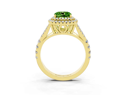 Yellow gold Double Halo Cushion Cut Peridot Pavé Split Shank Ring with Prong Setting_3