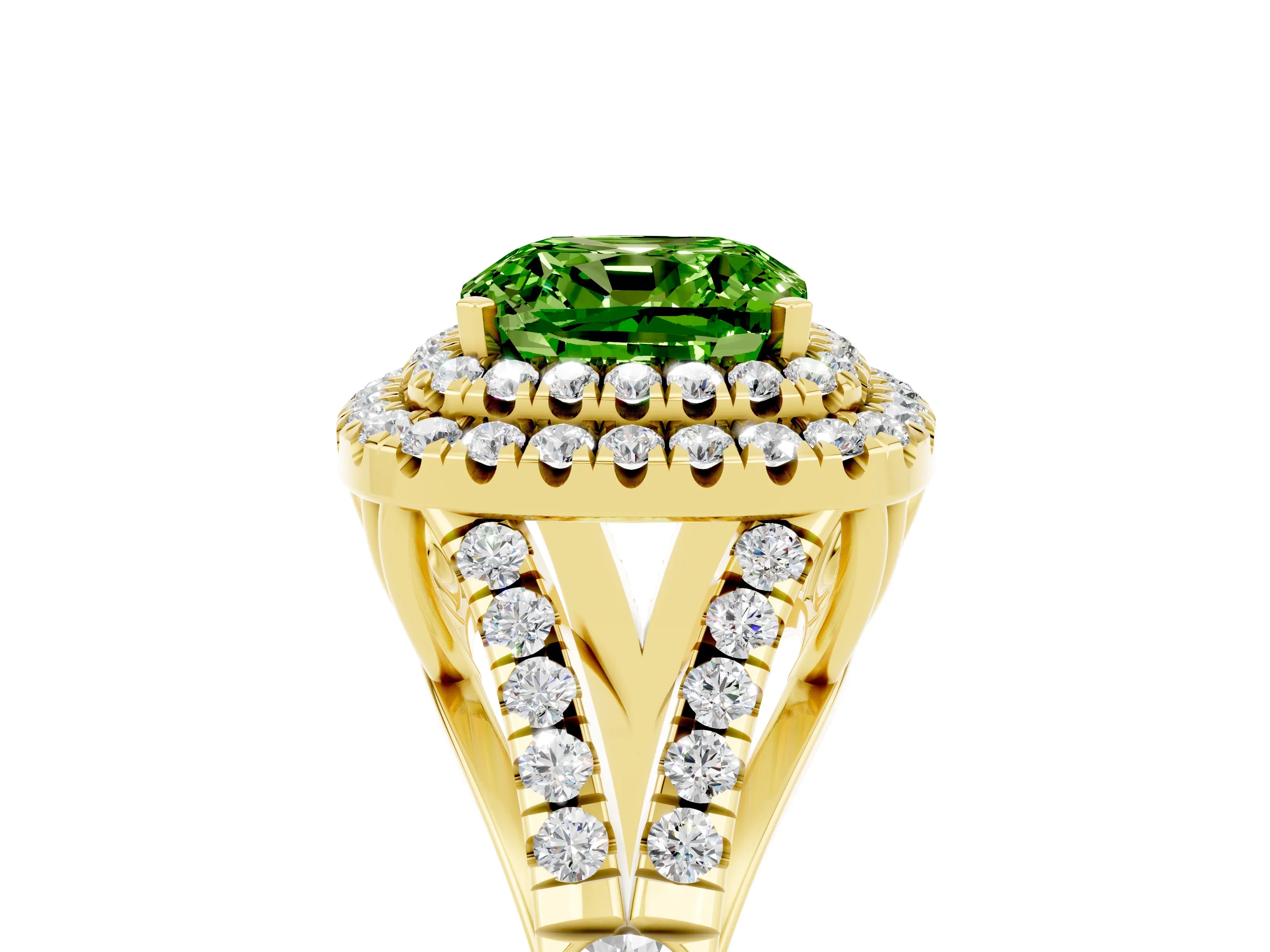 Yellow gold Double Halo Cushion Cut Peridot Pavé Split Shank Ring with Prong Setting_5