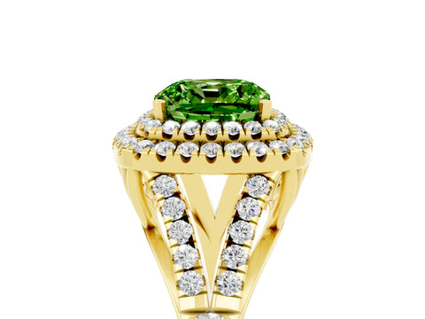 Yellow gold Double Halo Cushion Cut Peridot Pavé Split Shank Ring with Prong Setting_5