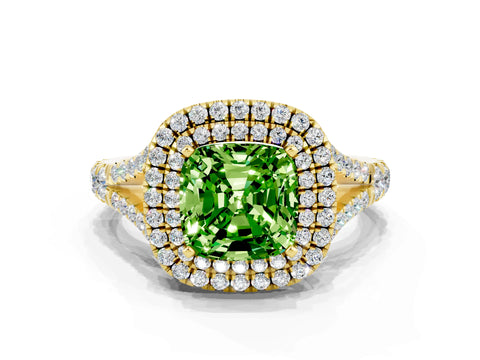 Yellow gold Double Halo Cushion Cut Peridot Pavé Split Shank Ring with Prong Setting