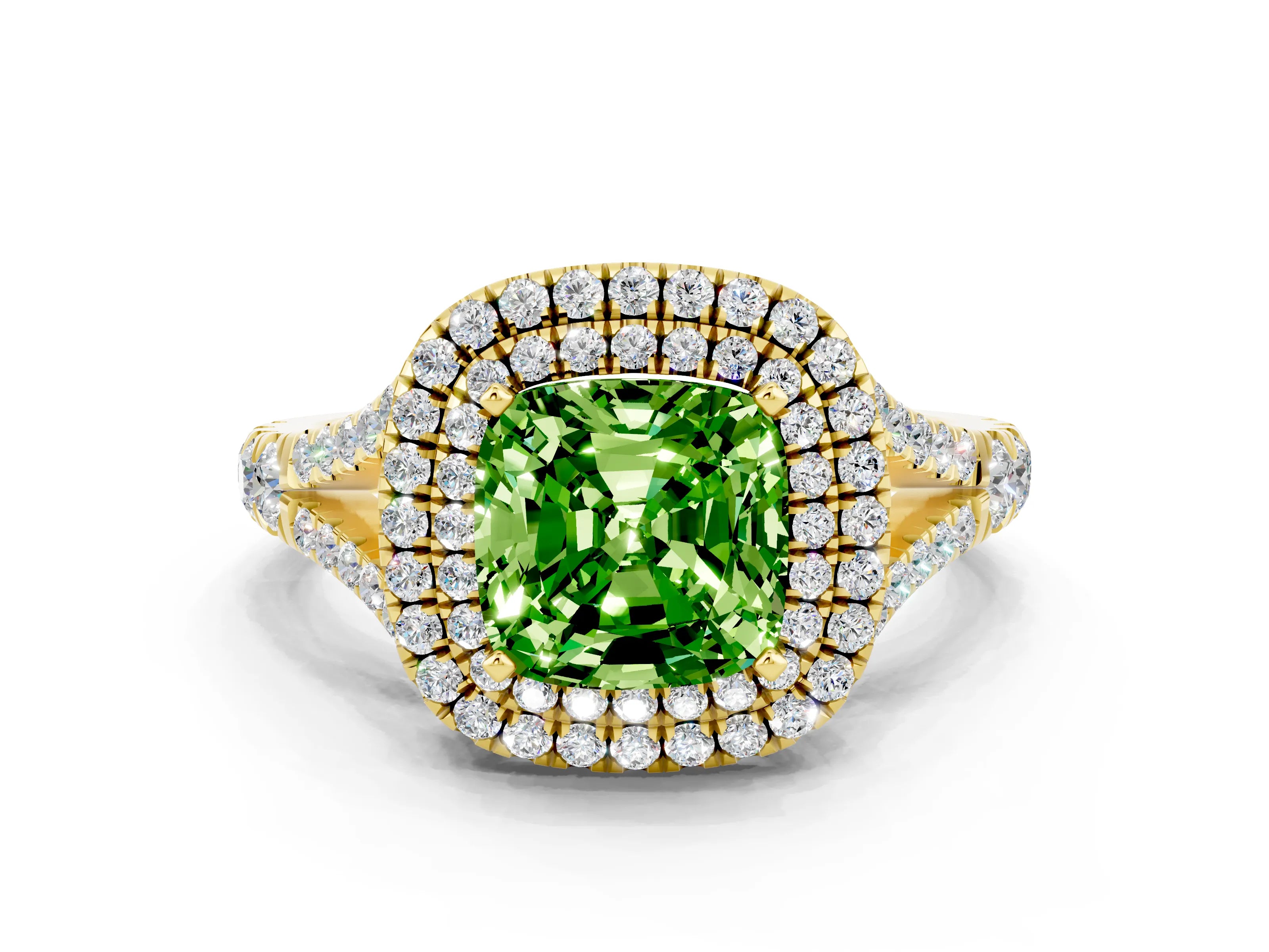 Yellow gold Double Halo Cushion Cut Peridot Split Shank Engagement Ring with Four-Prong Setting