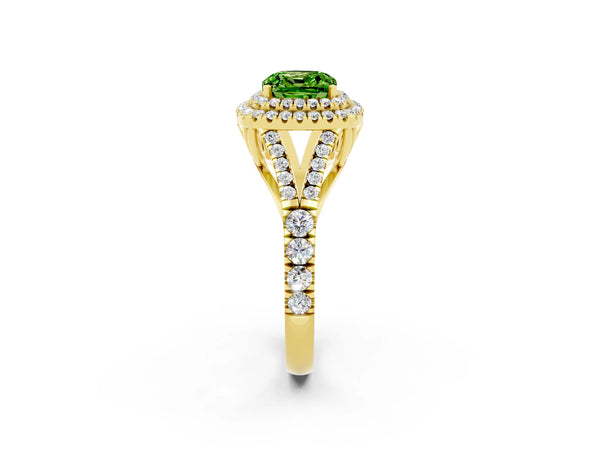 Yellow gold Double Halo Cushion Cut Peridot Split Shank Engagement Ring with Four-Prong Setting