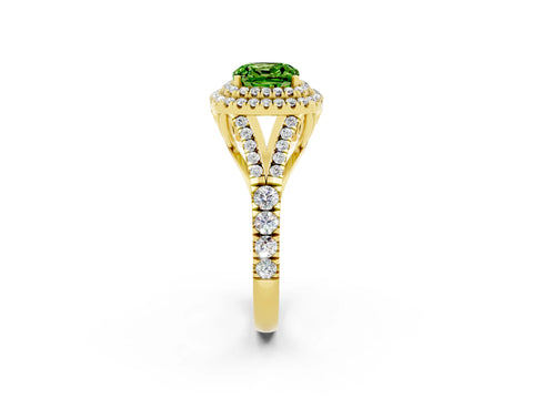 Yellow gold Double Halo Cushion Cut Peridot Split Shank Engagement Ring with Four-Prong Setting_2