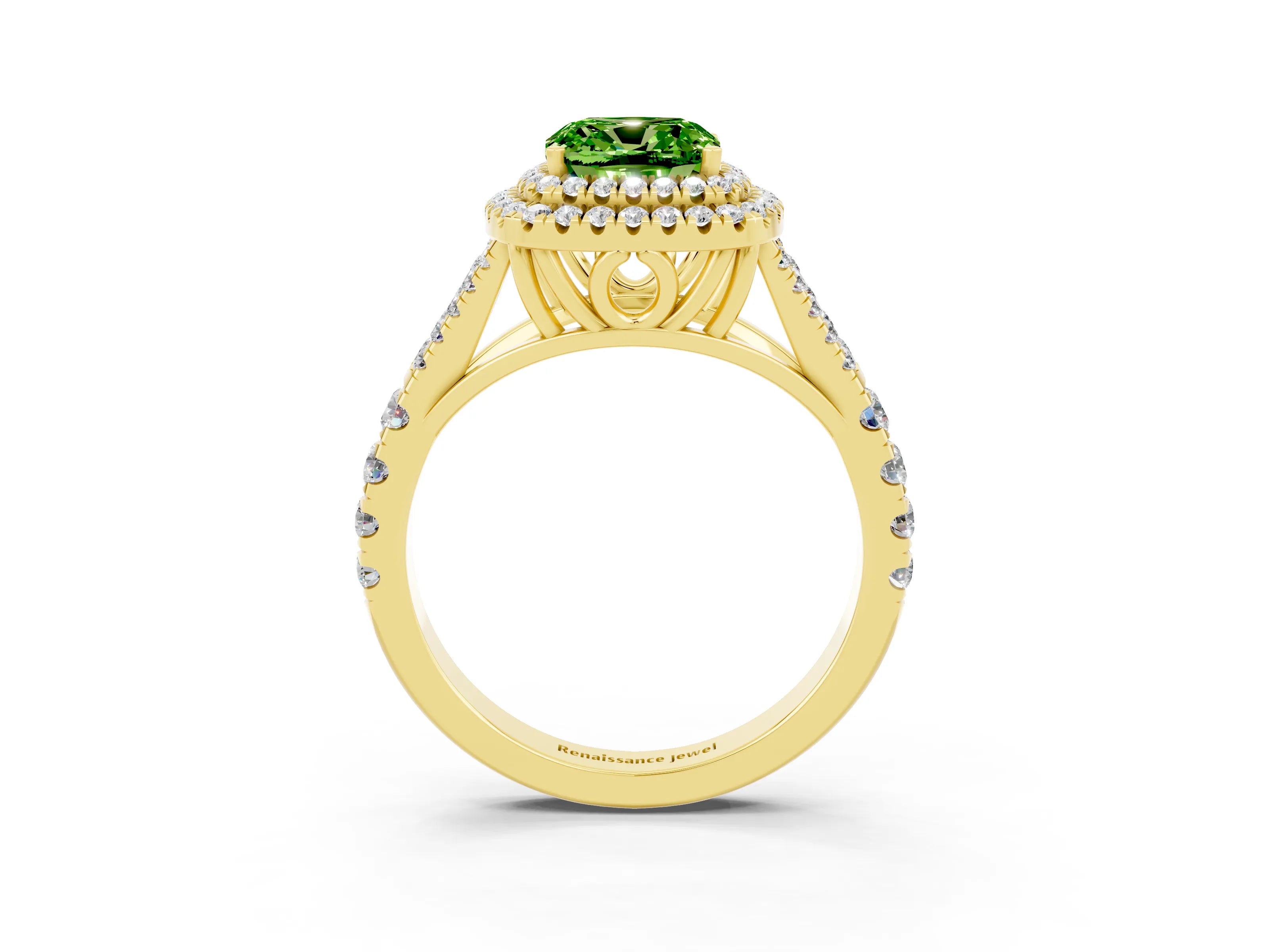 Yellow gold Double Halo Cushion Cut Peridot Split Shank Engagement Ring with Four-Prong Setting_3