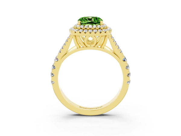 Yellow gold Double Halo Cushion Cut Peridot Split Shank Engagement Ring with Four-Prong Setting