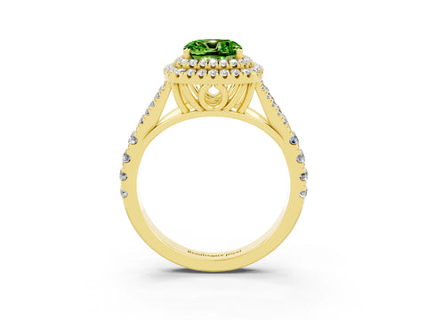 Yellow gold Double Halo Cushion Cut Peridot Split Shank Engagement Ring with Four-Prong Setting_3