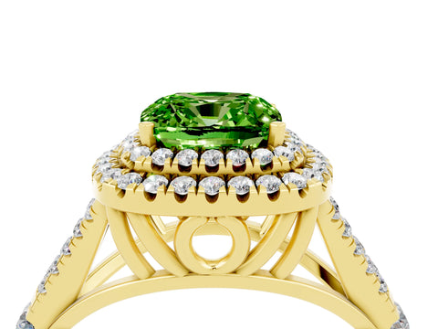 Yellow gold Double Halo Cushion Cut Peridot Split Shank Engagement Ring with Four-Prong Setting_4