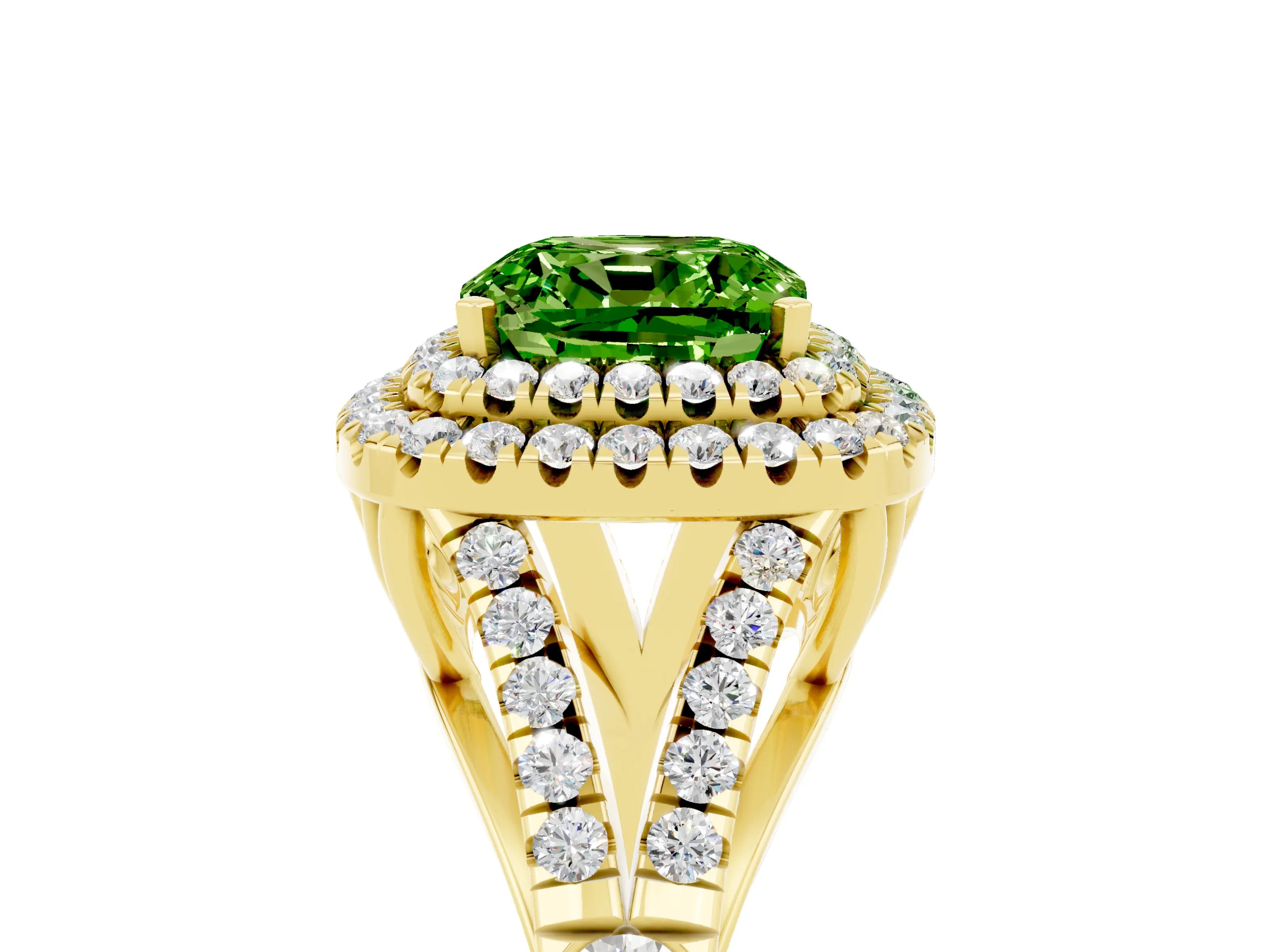 Yellow gold Double Halo Cushion Cut Peridot Split Shank Engagement Ring with Four-Prong Setting_5