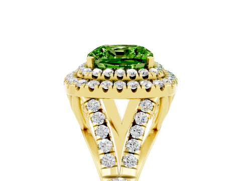 Yellow gold Double Halo Cushion Cut Peridot Split Shank Engagement Ring with Four-Prong Setting_5
