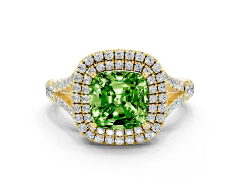 Yellow gold Double Halo Cushion Cut Peridot Split Shank Engagement Ring with Four-Prong Setting