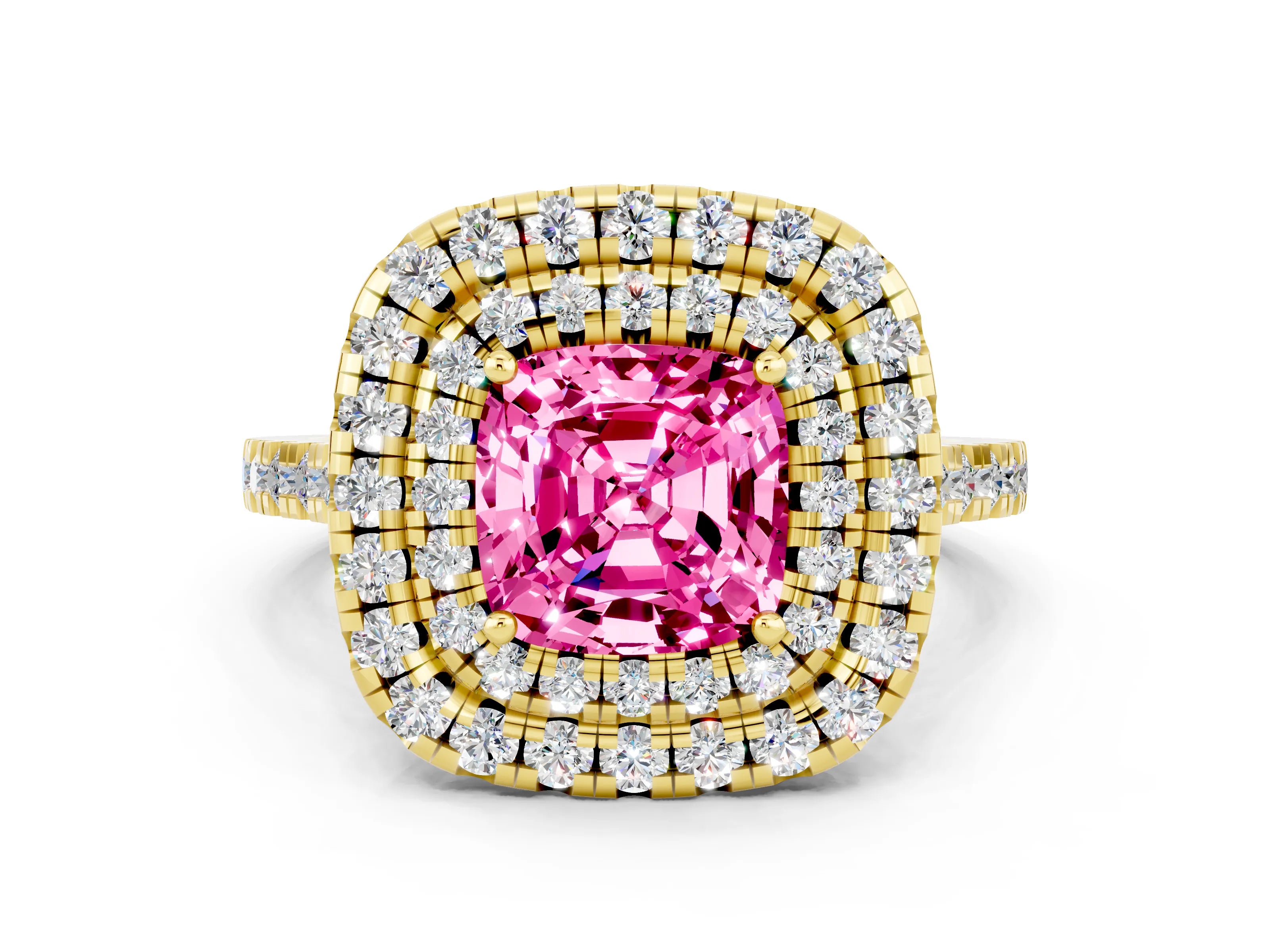 Yellow gold Double Halo Cushion Cut Pink Sapphire Pavé Band with Four-Prong Setting_24