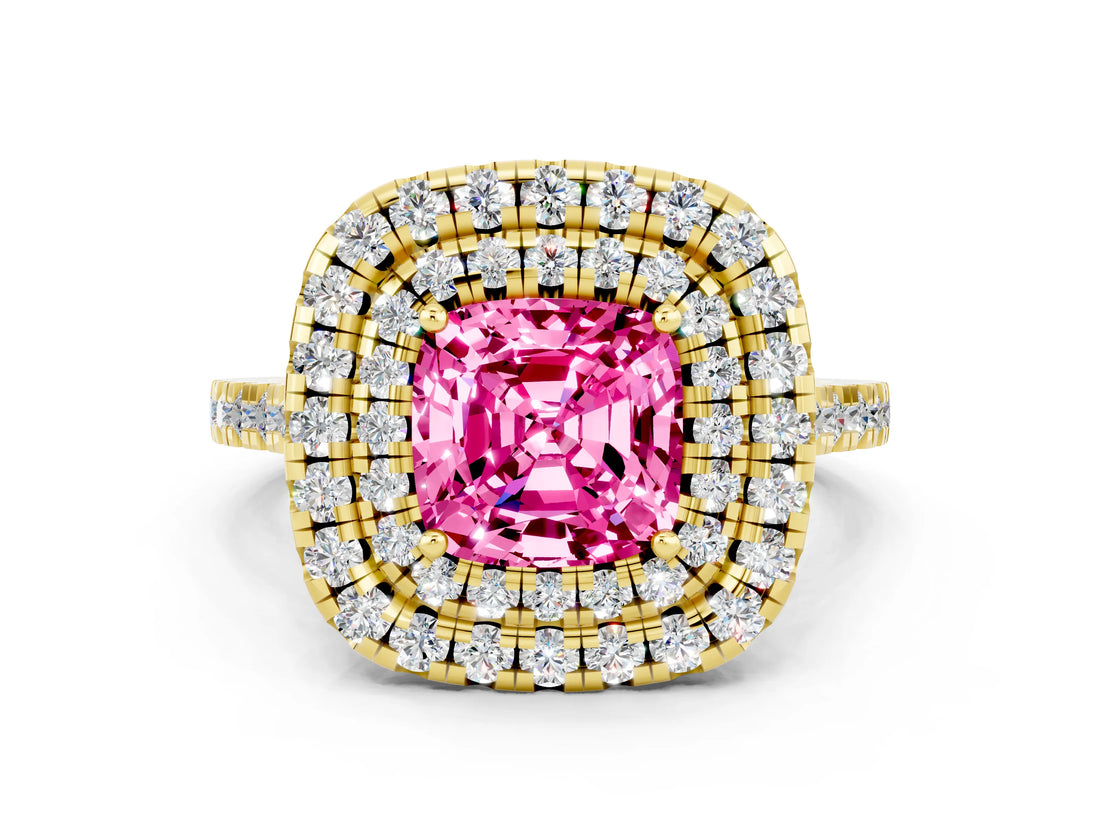 Yellow gold Double Halo Cushion Cut Pink Sapphire Pavé Band with Four-Prong Setting_24