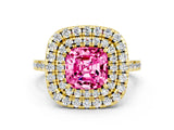 Yellow gold Double Halo Cushion Cut Pink Sapphire Pavé Band with Four-Prong Setting_24