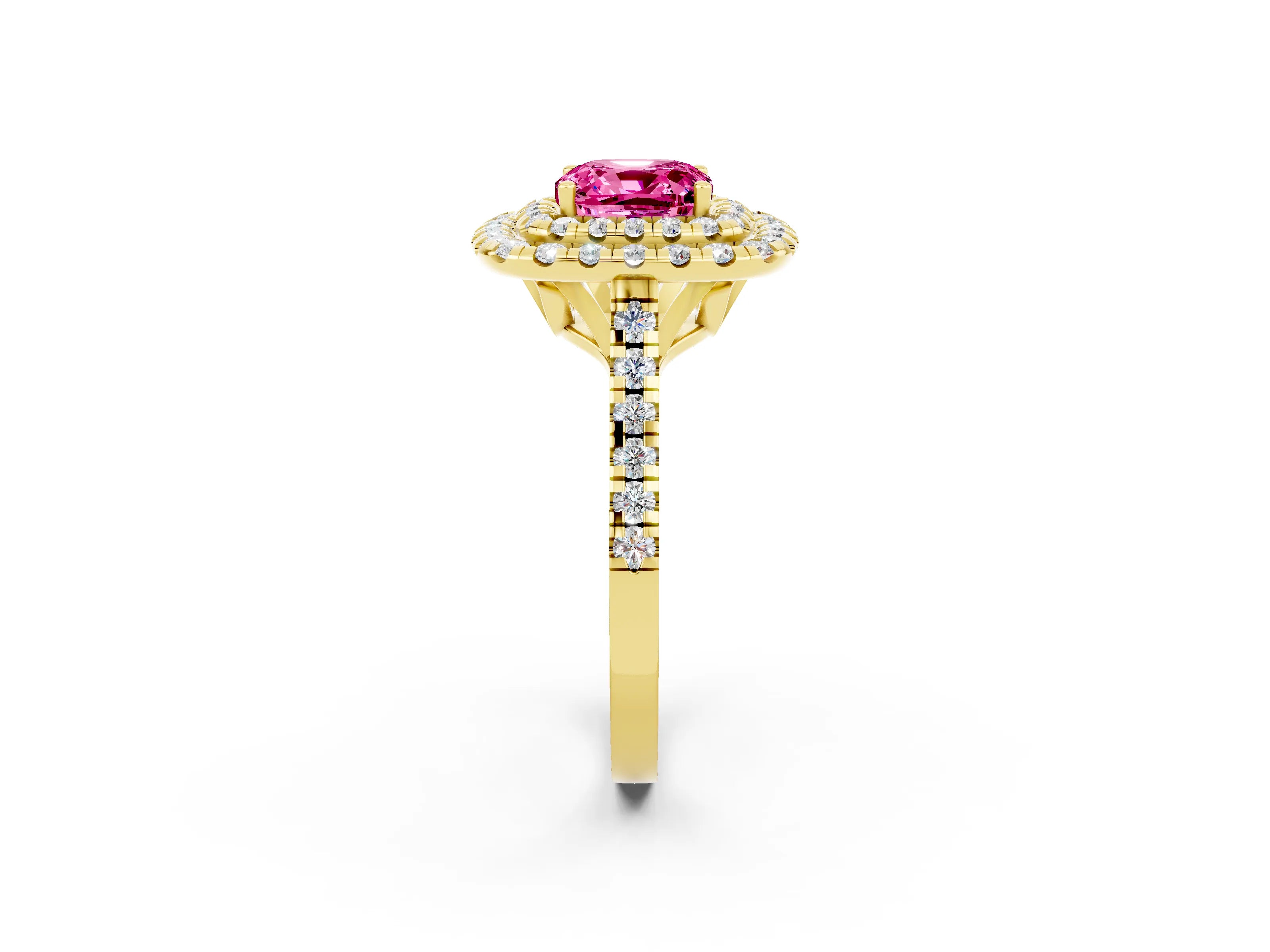 Yellow gold Double Halo Cushion Cut Pink Sapphire Pavé Band with Four-Prong Setting_26