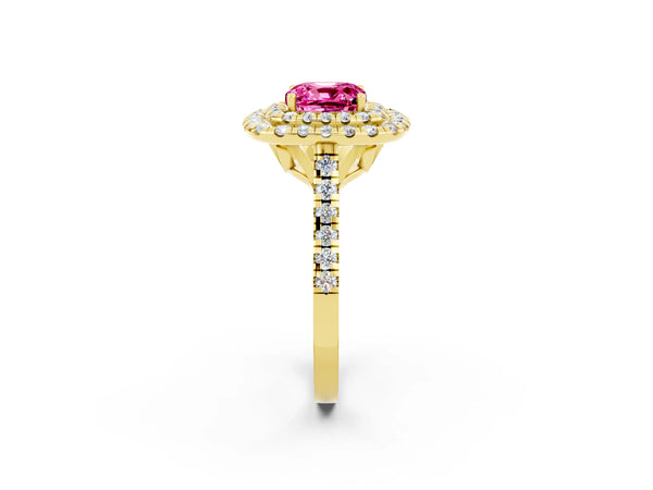 Yellow gold Double Halo Cushion Cut Pink Sapphire Pavé Band with Four-Prong Setting