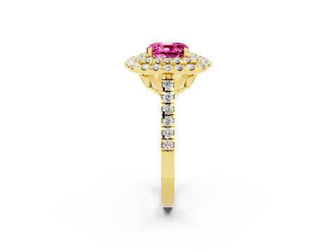 Yellow gold Double Halo Cushion Cut Pink Sapphire Pavé Band with Four-Prong Setting_26