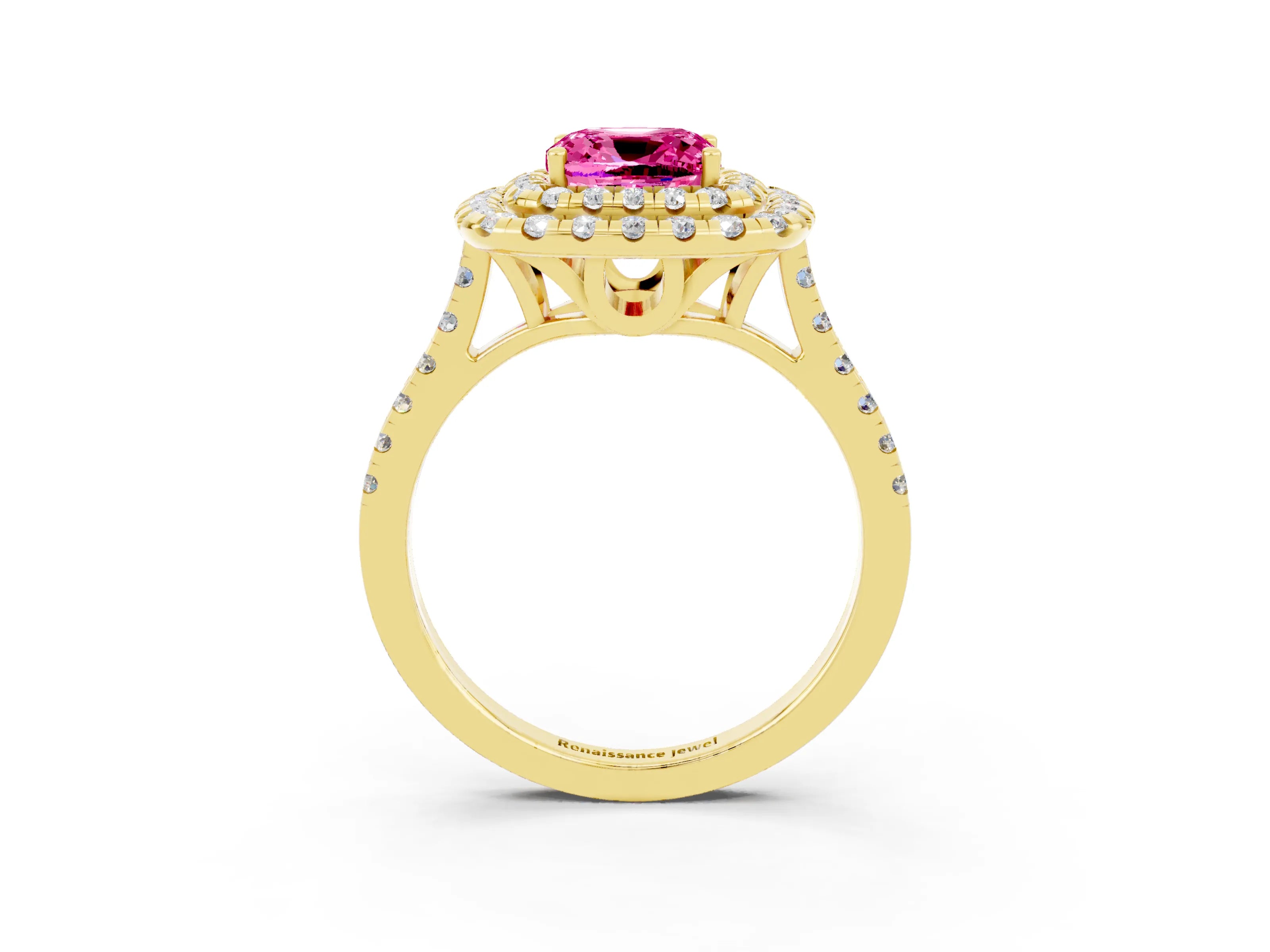 Yellow gold Double Halo Cushion Cut Pink Sapphire Pavé Band with Four-Prong Setting_27