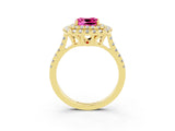 Yellow gold Double Halo Cushion Cut Pink Sapphire Pavé Band with Four-Prong Setting_27