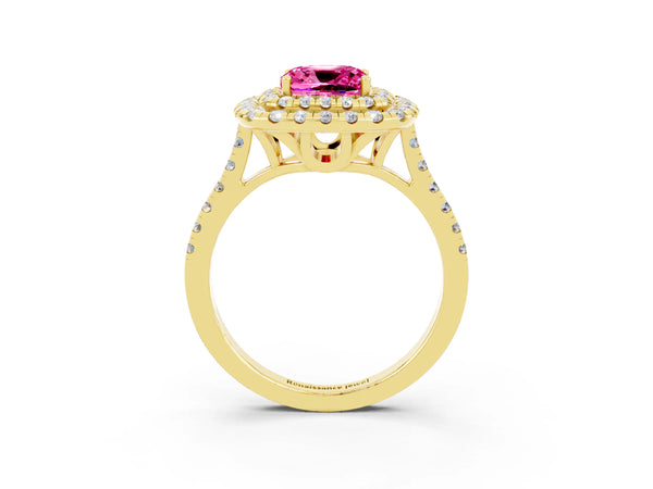 Yellow gold Double Halo Cushion Cut Pink Sapphire Pavé Band with Four-Prong Setting