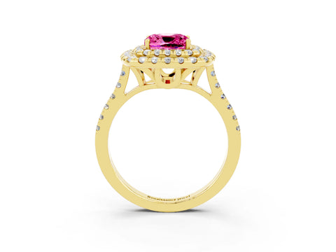 Yellow gold Double Halo Cushion Cut Pink Sapphire Pavé Band with Four-Prong Setting_27