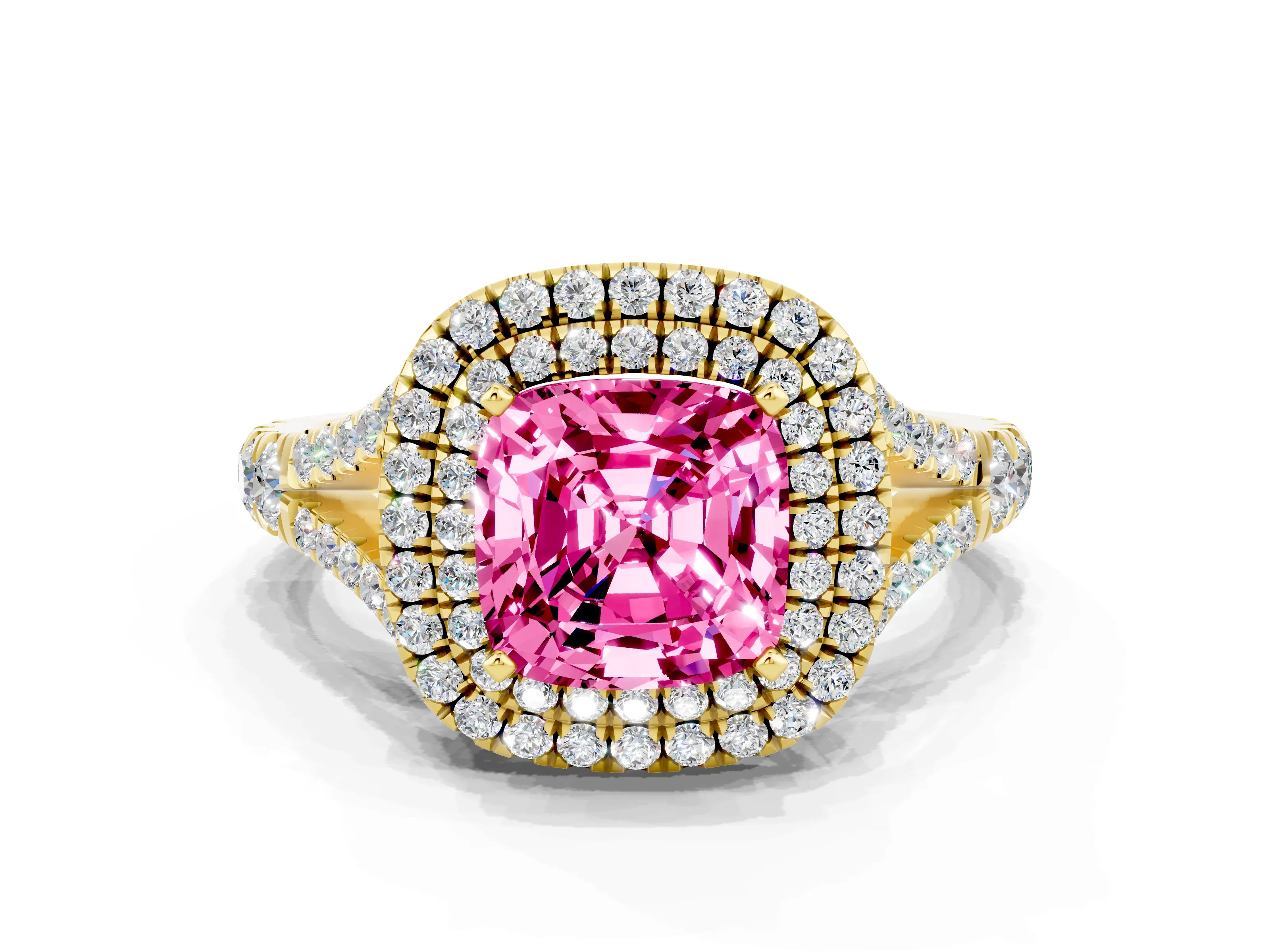 Yellow gold Double Halo Cushion Cut Pink Sapphire Pavé Split Shank Ring with Prong Setting