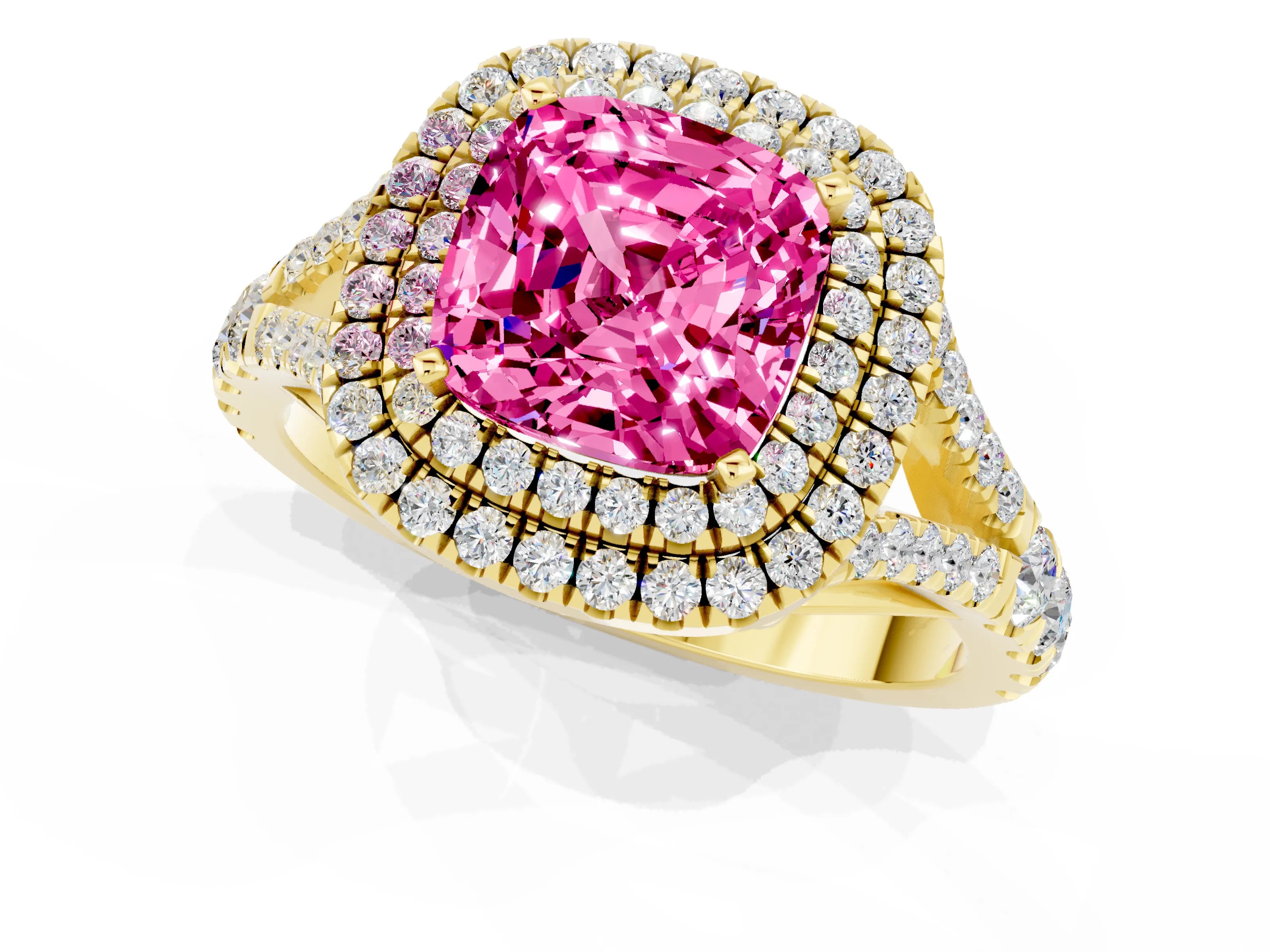 Yellow gold Double Halo Cushion Cut Pink Sapphire Pavé Split Shank Ring with Prong Setting_1