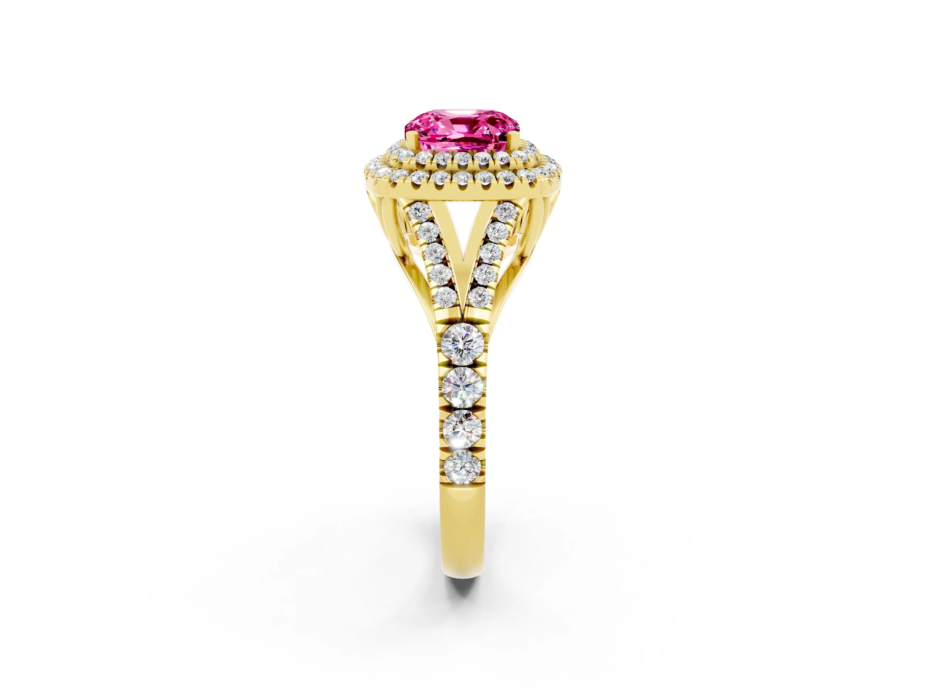 Yellow gold Double Halo Cushion Cut Pink Sapphire Pavé Split Shank Ring with Prong Setting_2