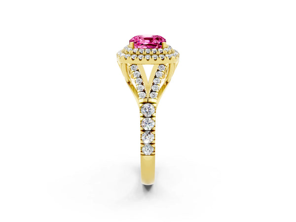 Yellow gold Double Halo Cushion Cut Pink Sapphire Pavé Split Shank Ring with Prong Setting