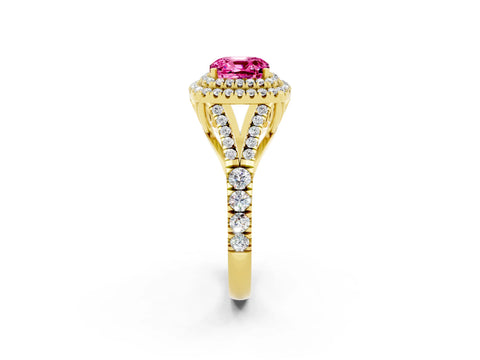 Yellow gold Double Halo Cushion Cut Pink Sapphire Pavé Split Shank Ring with Prong Setting_2