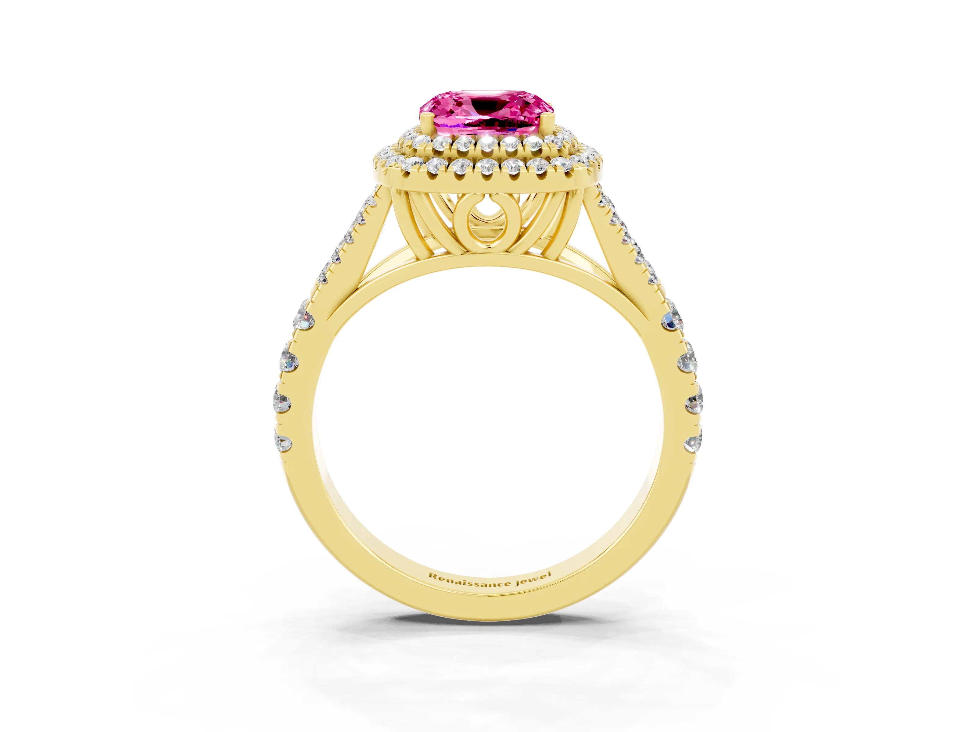Yellow gold Double Halo Cushion Cut Pink Sapphire Pavé Split Shank Ring with Prong Setting_3