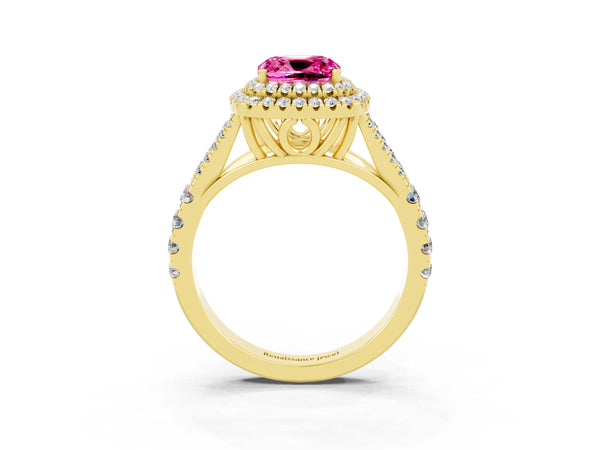 Yellow gold Double Halo Cushion Cut Pink Sapphire Pavé Split Shank Ring with Prong Setting