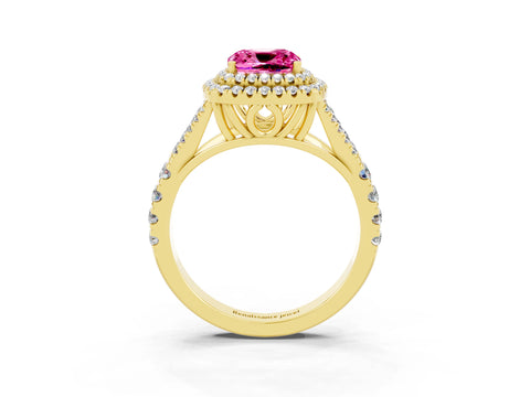 Yellow gold Double Halo Cushion Cut Pink Sapphire Pavé Split Shank Ring with Prong Setting_3