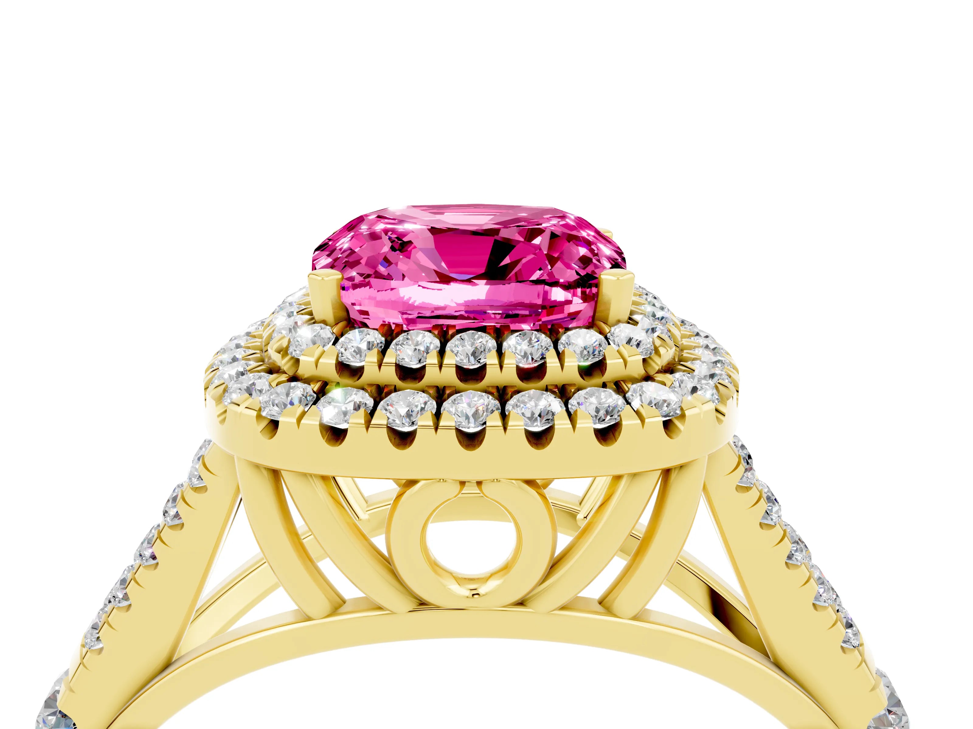 Yellow gold Double Halo Cushion Cut Pink Sapphire Pavé Split Shank Ring with Prong Setting_4
