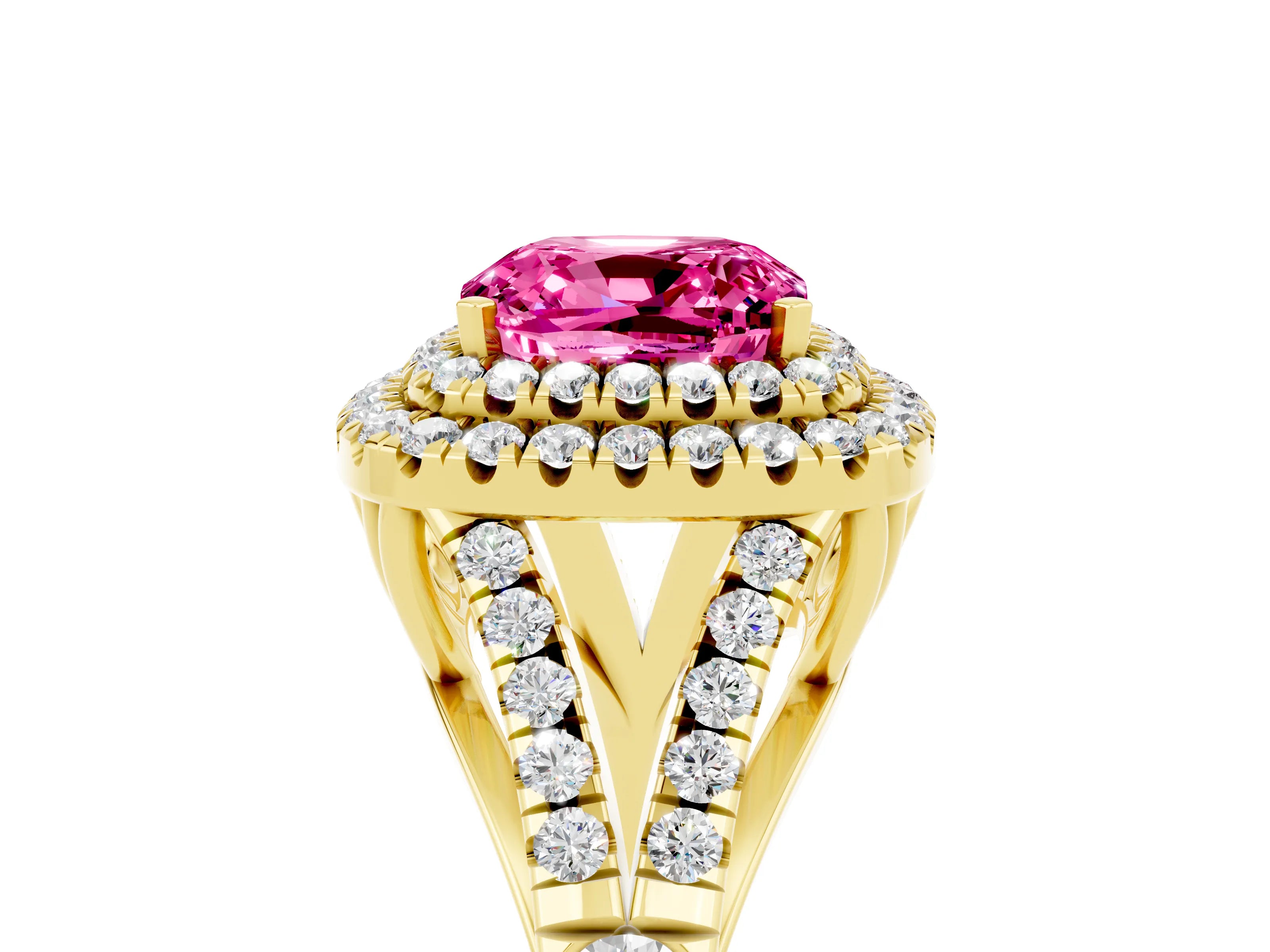 Yellow gold Double Halo Cushion Cut Pink Sapphire Pavé Split Shank Ring with Prong Setting_5