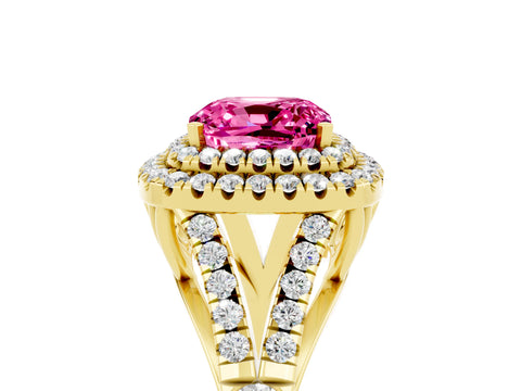 Yellow gold Double Halo Cushion Cut Pink Sapphire Pavé Split Shank Ring with Prong Setting_5