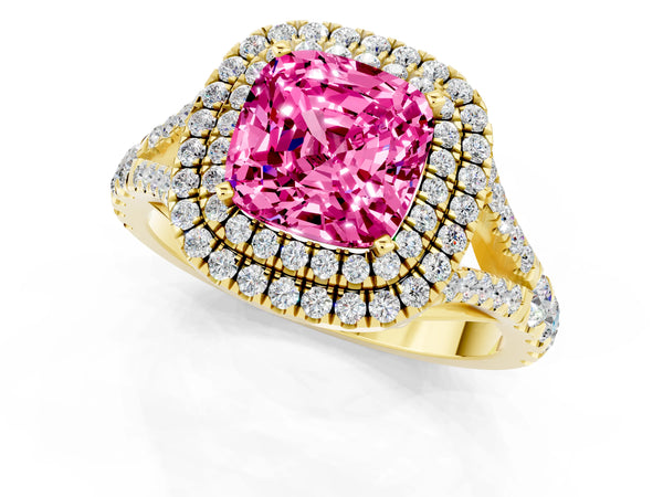 Yellow gold Double Halo Cushion Cut Pink Sapphire Split Shank Engagement Ring with Four-Prong Setting