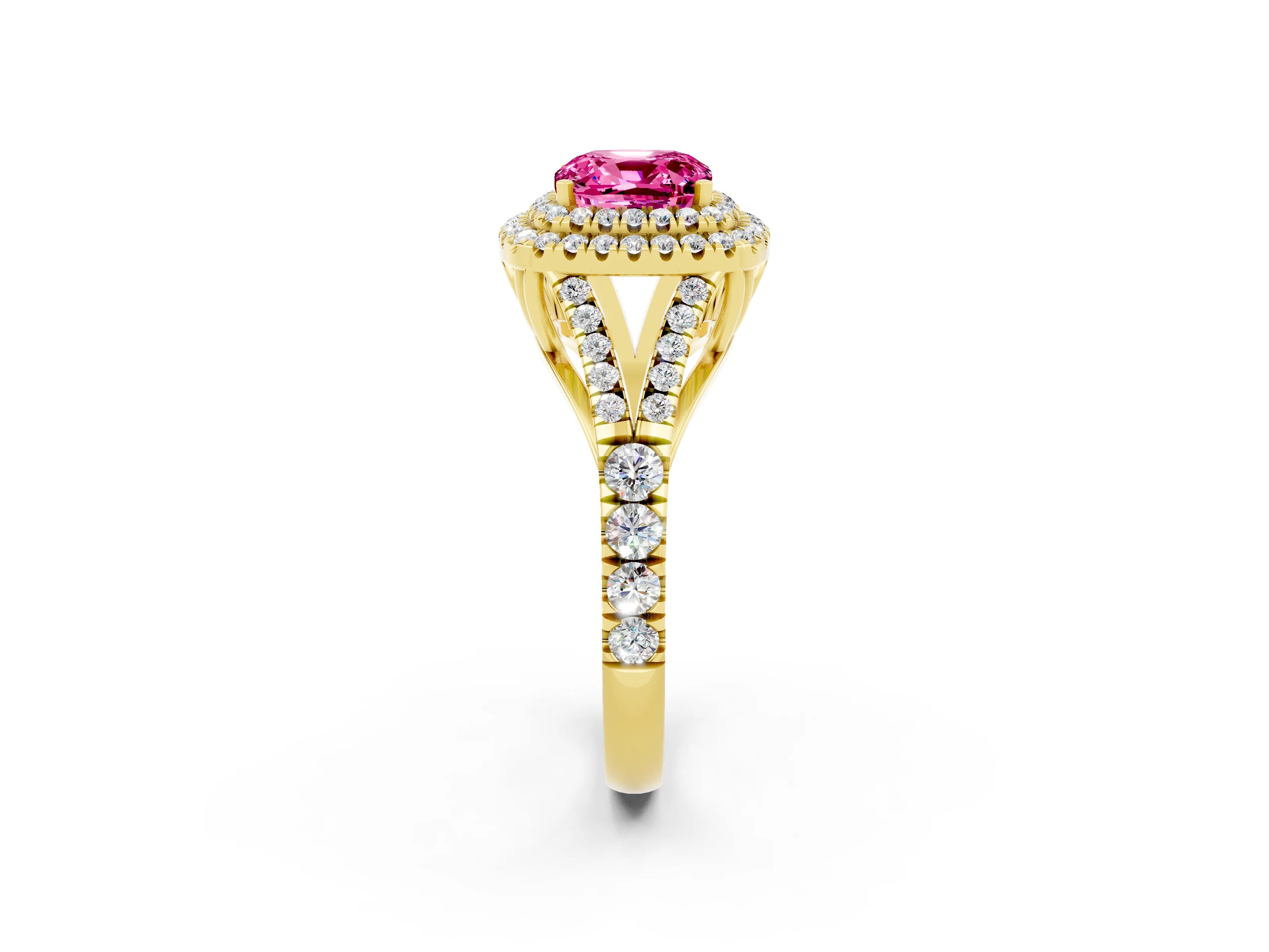 Yellow gold Double Halo Cushion Cut Pink Sapphire Split Shank Engagement Ring with Four-Prong Setting_2