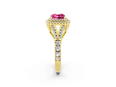 Yellow gold Double Halo Cushion Cut Pink Sapphire Split Shank Engagement Ring with Four-Prong Setting_2