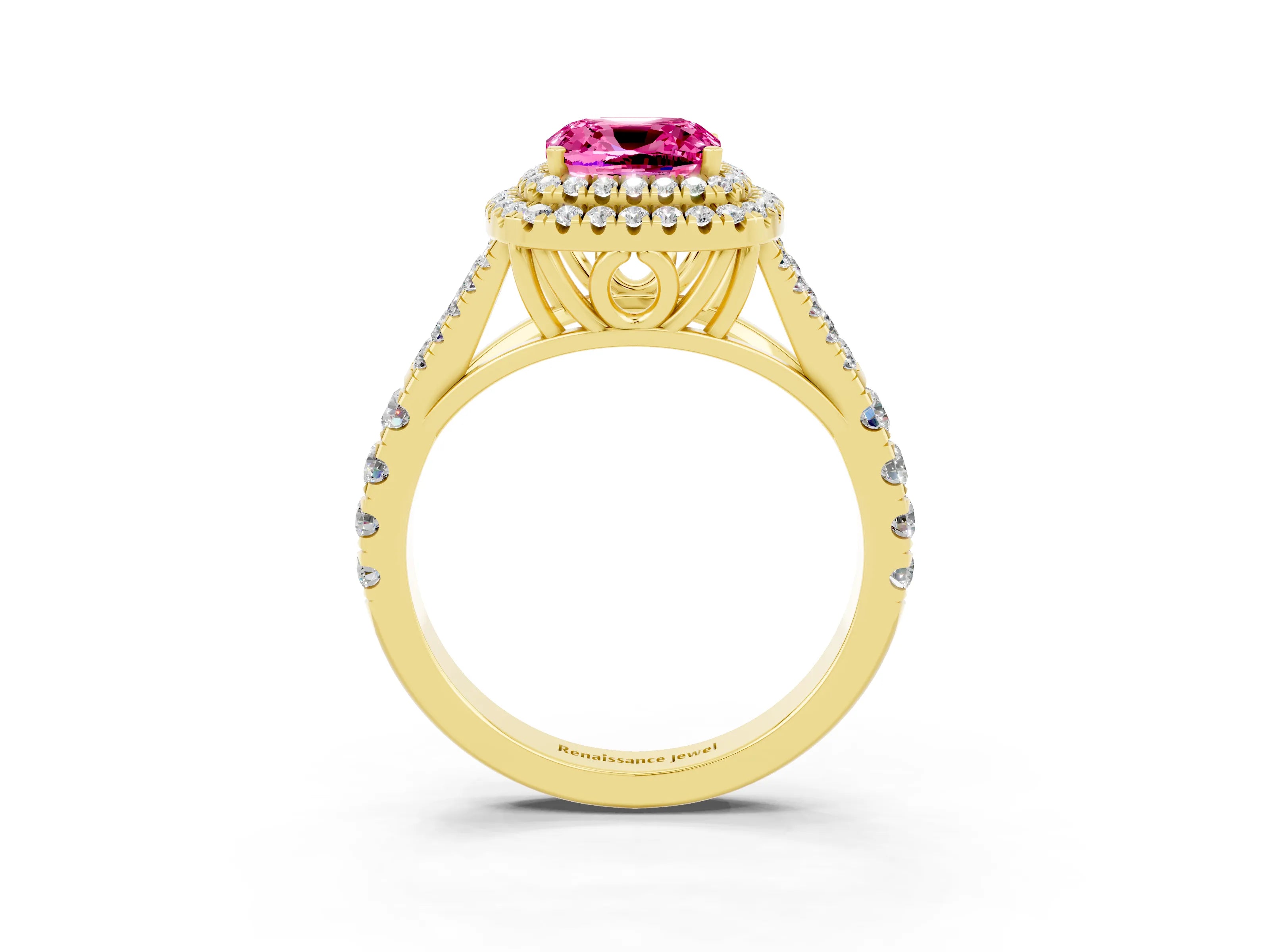 Yellow gold Double Halo Cushion Cut Pink Sapphire Split Shank Engagement Ring with Four-Prong Setting_3