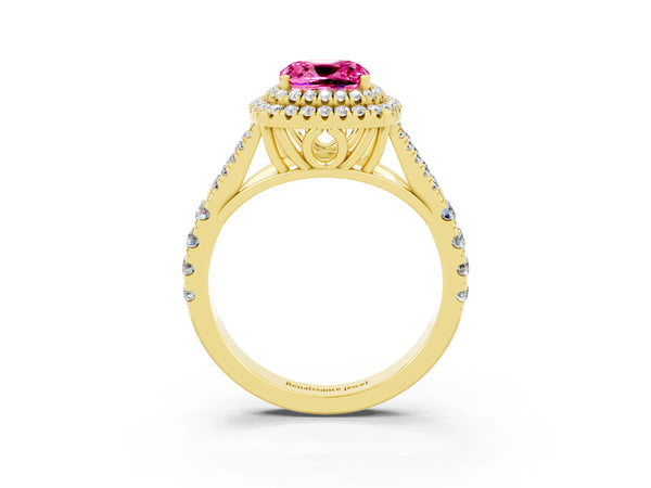 Yellow gold Double Halo Cushion Cut Pink Sapphire Split Shank Engagement Ring with Four-Prong Setting