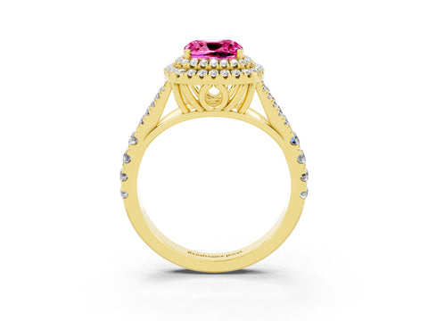 Yellow gold Double Halo Cushion Cut Pink Sapphire Split Shank Engagement Ring with Four-Prong Setting_3