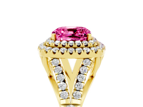 Yellow gold Double Halo Cushion Cut Pink Sapphire Split Shank Engagement Ring with Four-Prong Setting_5