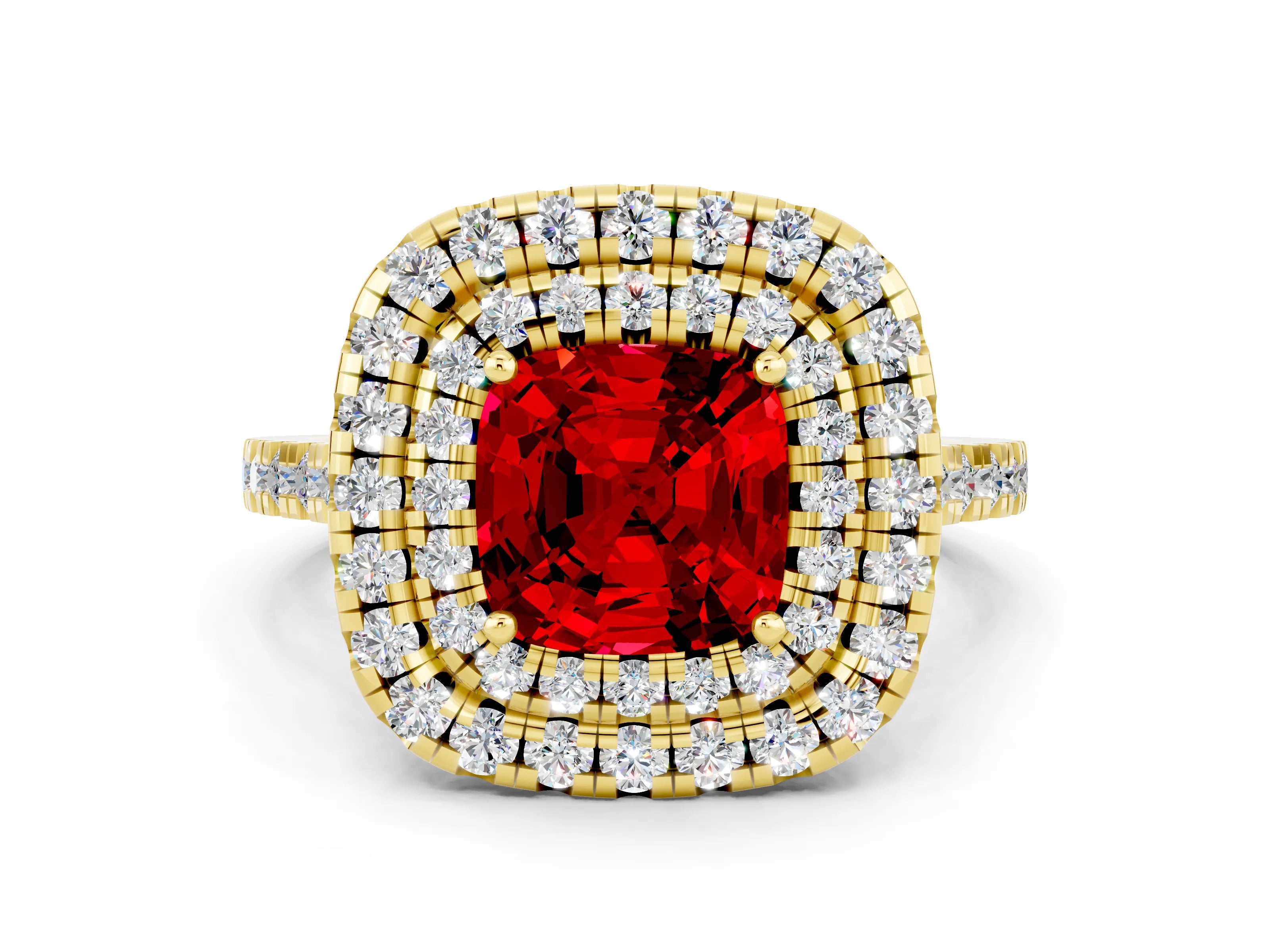 Yellow gold Double Halo Cushion Cut Ruby Pavé Band with Four-Prong Setting