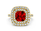 Yellow gold Double Halo Cushion Cut Ruby Pavé Band with Four-Prong Setting