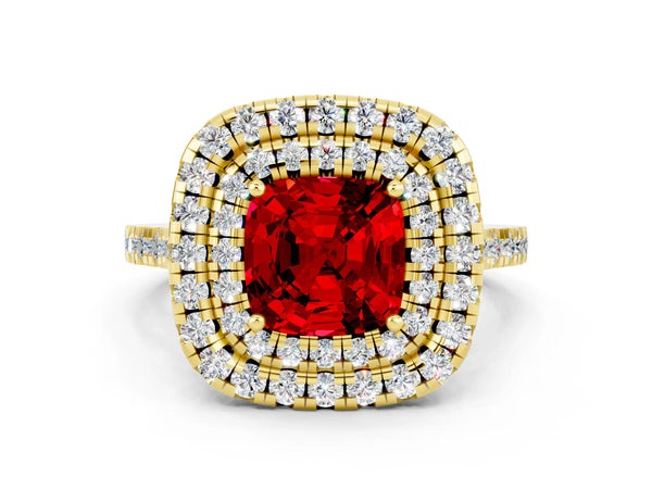 Yellow gold Double Halo Cushion Cut Ruby Pavé Band with Four-Prong Setting