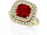Yellow gold Double Halo Cushion Cut Ruby Pavé Band with Four-Prong Setting_1